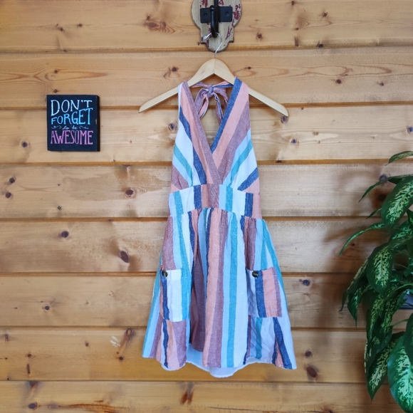 American Eagle Outfitters Dresses & Skirts - American Eagle 💜 Halter Dress Shirred Stripe Pocket Fit Flare Lined Linen Small